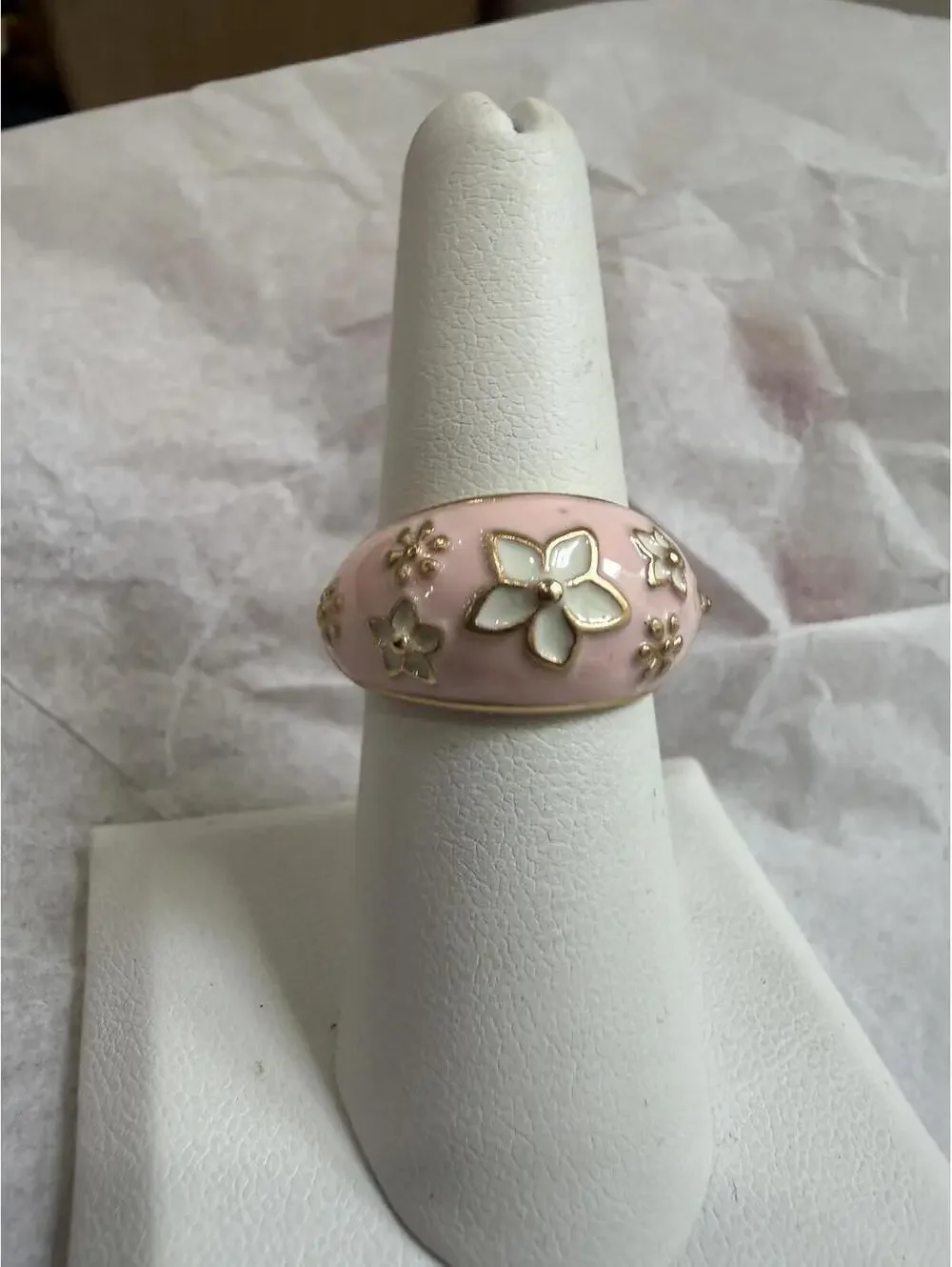 Pink Floral Enamel Dome Ring with White and Gold Accents